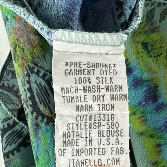 Tianello Blouse Womens M Boho Tunic Silk Printed Kimono Sleeve Asymmetric Green - Picture 8 of 11